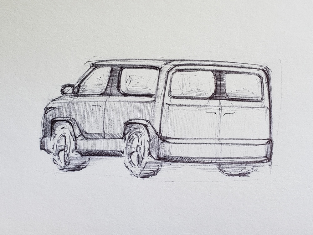 Van rear 3/4 view pen sketch.